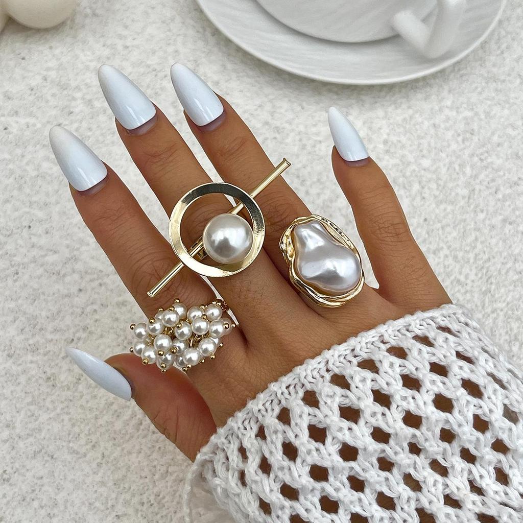 Opening Adjustable Pearl Flowers Rings Vintage Gold Silver Color Retro Exaggerated Metal Alloy Hollow Finger Ring for Women Geometric Jewelry Anillos