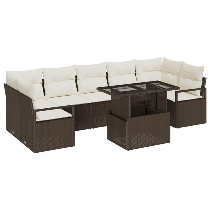 Set de Canapé de Jardin 8 Pièces avec Coussins Marron Rotin Poly, Canapé de Jardin 2 Places avec Coussins Marron Rotin Poly 3348774