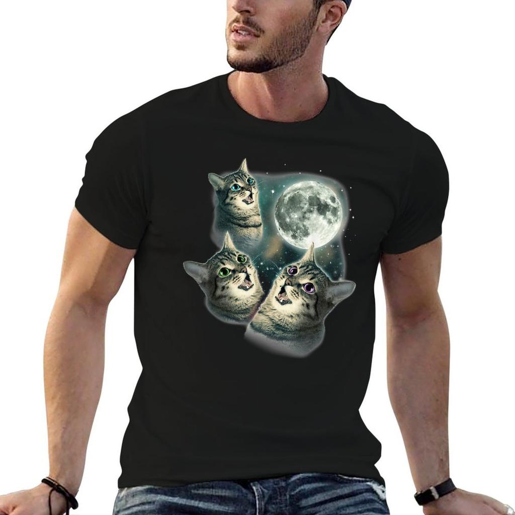 Three Cat Moon 3 Wolfs Cute Kitten Graphic Funny T-Shirt Black