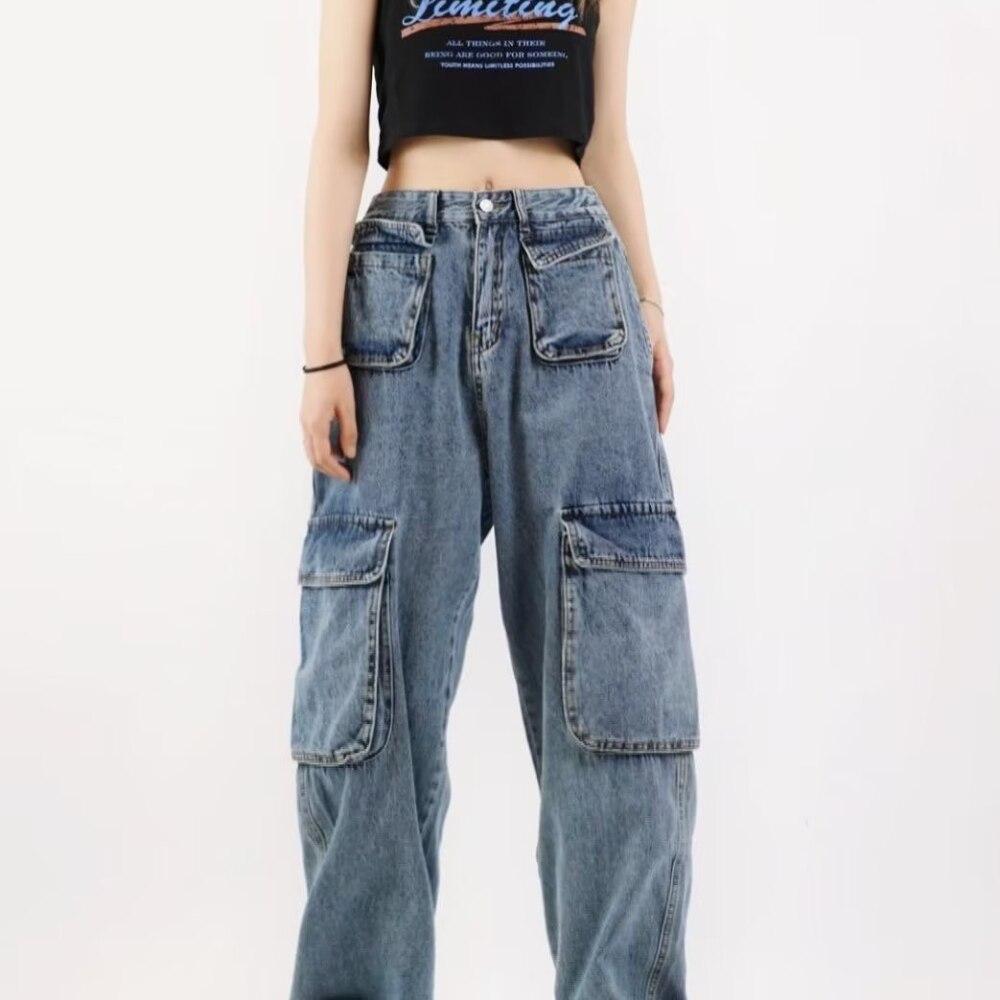 

2022 Новая мода с высокой талией и эластичными джинсовыми брюками в стиле хип-хоп, винтажная уличная одежда, широкие джинсовые брюки, женские брюки с несколькими карманами XXL синий