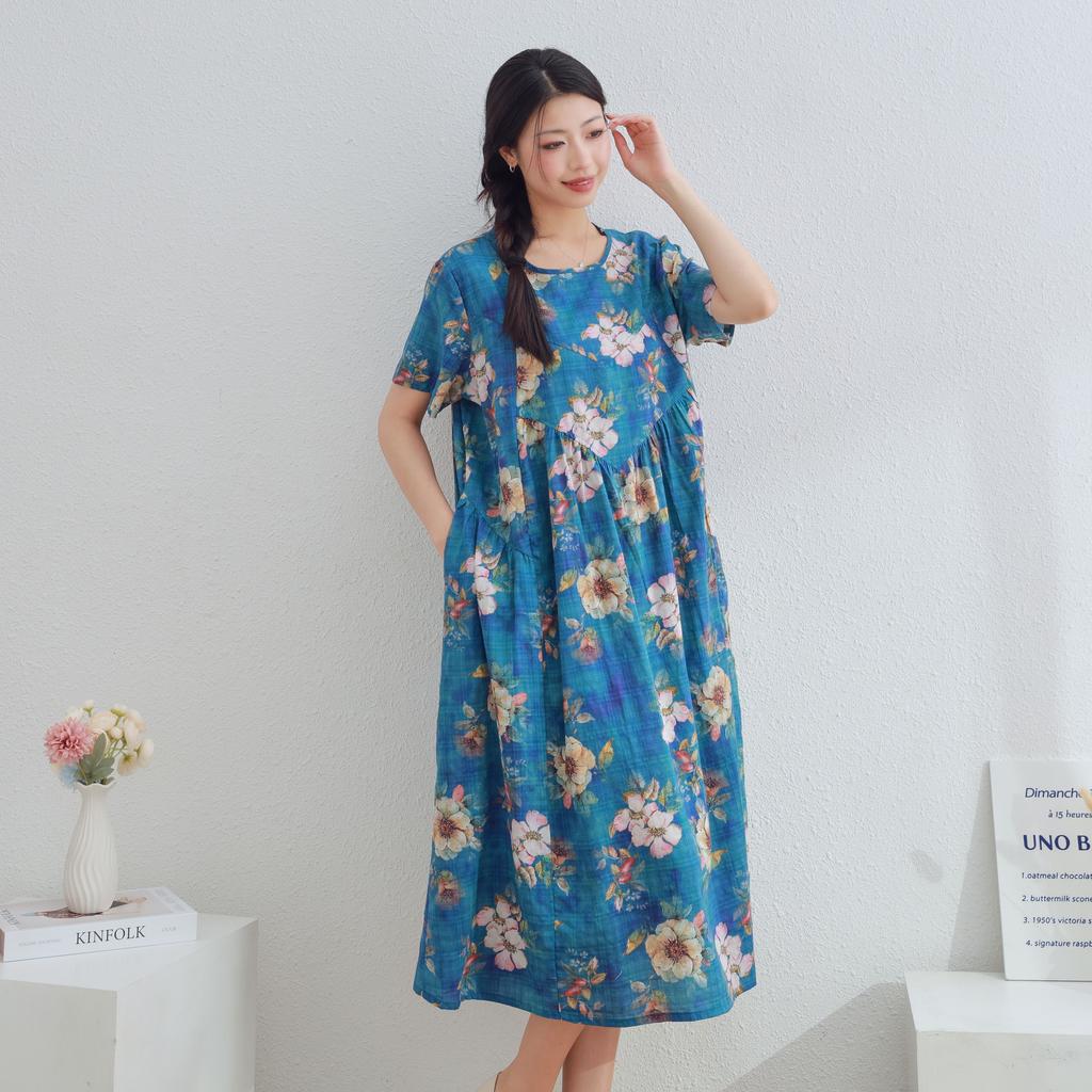 DIMANAF 2025 Women Plus Size Spring Summer Dress Casual Floral Dress Basic Linen Loose Long Blue Dress