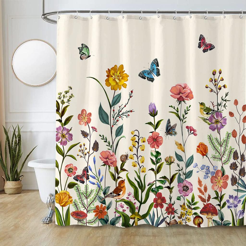 Floral Shower Curtains for Bathroom, Spring Flower Butterfly Bathroom Decor with Hooks, Washable Polyester Fabric Shower Curtain