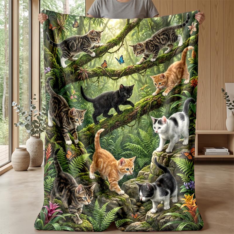 Kittens in Heart Petals Theme blanket Lightweight Warm Flannel Blanket Decorative Throw Blanket for Home Decoration