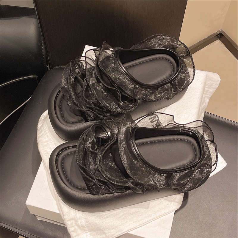 Mesh Fairy Wind Thick Bottom Cool Slippers Female Outer Wear 2025 Summer New Small Height Increase with Skirt One-word Drag