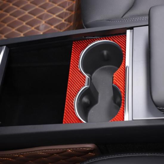 Red Carbon Fiber Center Cup Holder Panel Trim Sticker For Tesla Model 3 -24