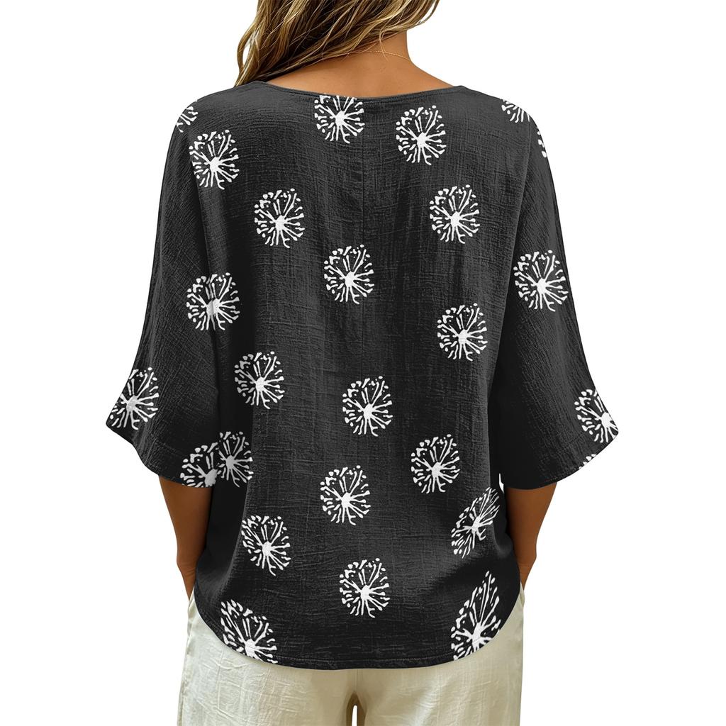 Women's Vintage Floral Print V-Neck T-Shirt - Loose Fit Short Sleeve Blouse, Faux Cotton-Linen Fabric