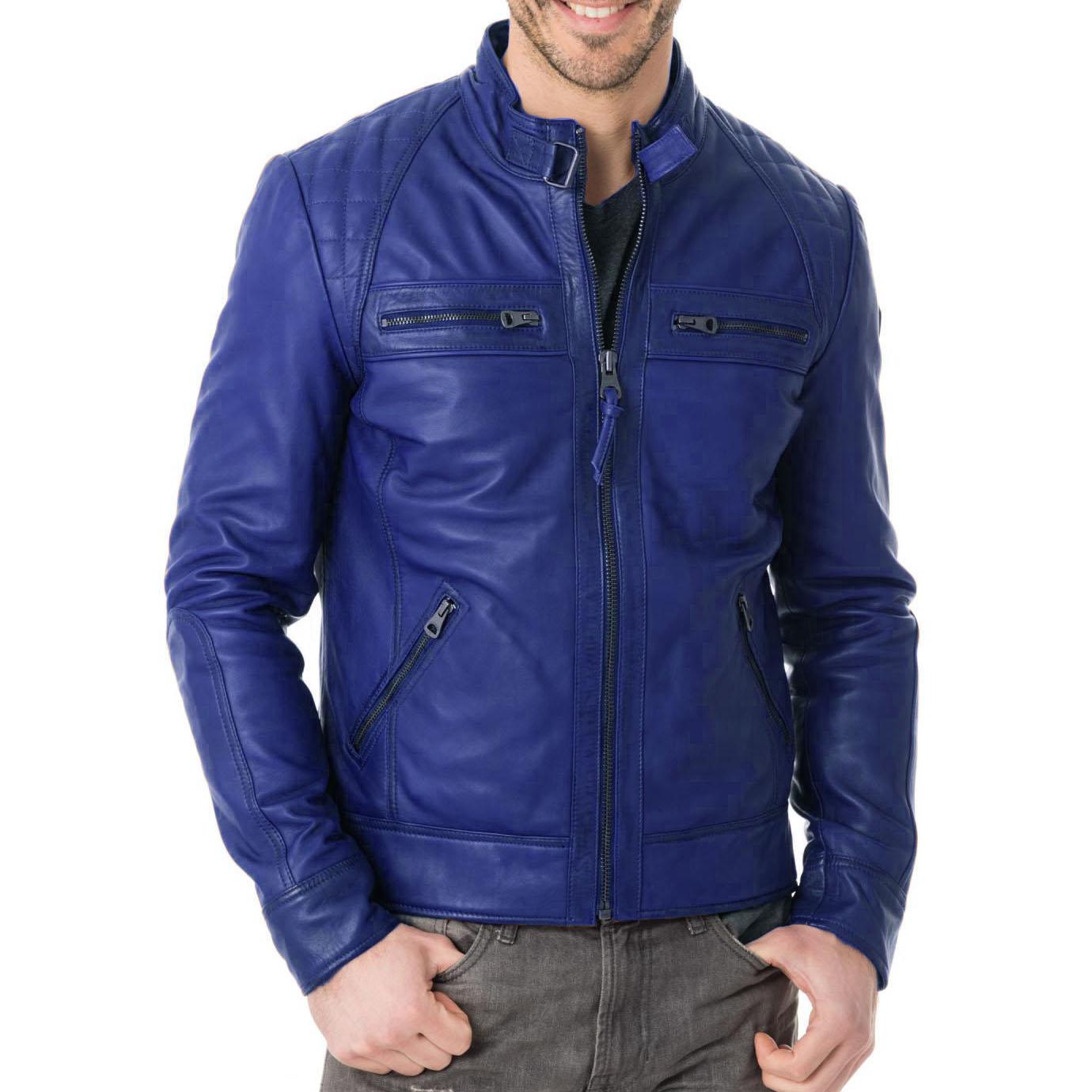 

SkinOutfit Men s Genuine Lambskin Blue Leather Jacket Stylish Motorcycle Bomber Biker Outerwear MJ 216 XXXL синій