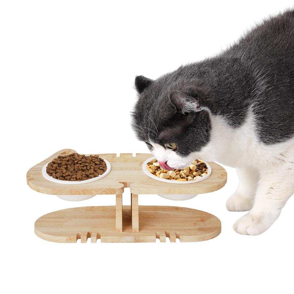 Tilted Cat Feeding Bowls Elevated Non-Slip Pet Feeding Dishes With Wood Stand Raised Tilted Cat Feeder For Indoor Household