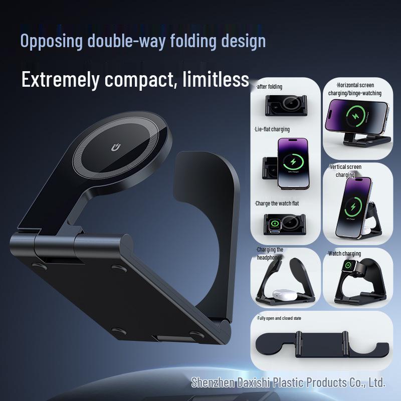 3-in-1 Foldable Wireless Magnetic Charger Stand for iPhone, Earbuds, and Watch - 15W Portable