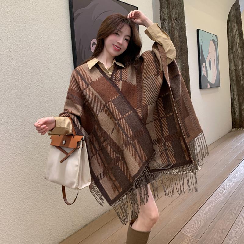 Imitation Cashmere Women Scarf Winter Ladies Vintage Plaid Tassel Poncho Warm Female Wrap Blanket Capa Para Mujer Pashmina Shawl