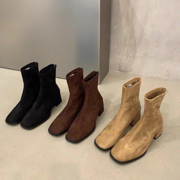 High-heeled Korean Small Ankle Boots Suede Martin Boots Women's Shoes 2025 New Autumn and Winter Velvet Square Head Thin Short Boots