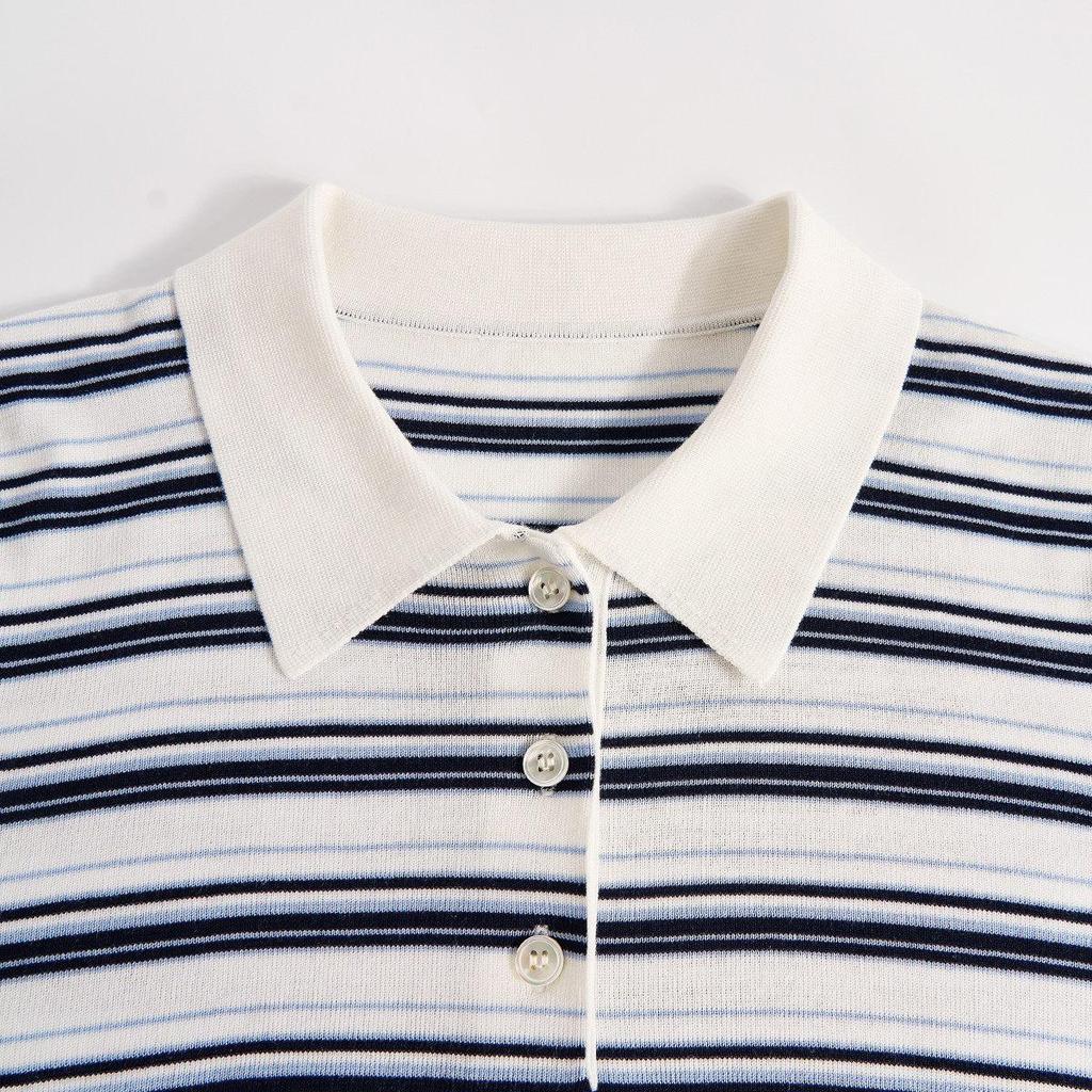 Northern Deer Women's Summer Polo Neck Striped Knit T-Shirt - 68.6% Lyocell, 25.4% Cotton, 6% Silk