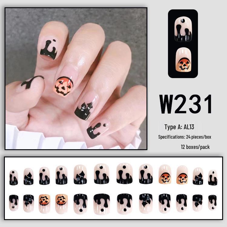 24-Piece Black Pumpkin Halloween False Nails: Sweet, Cool, Exaggerated Design
