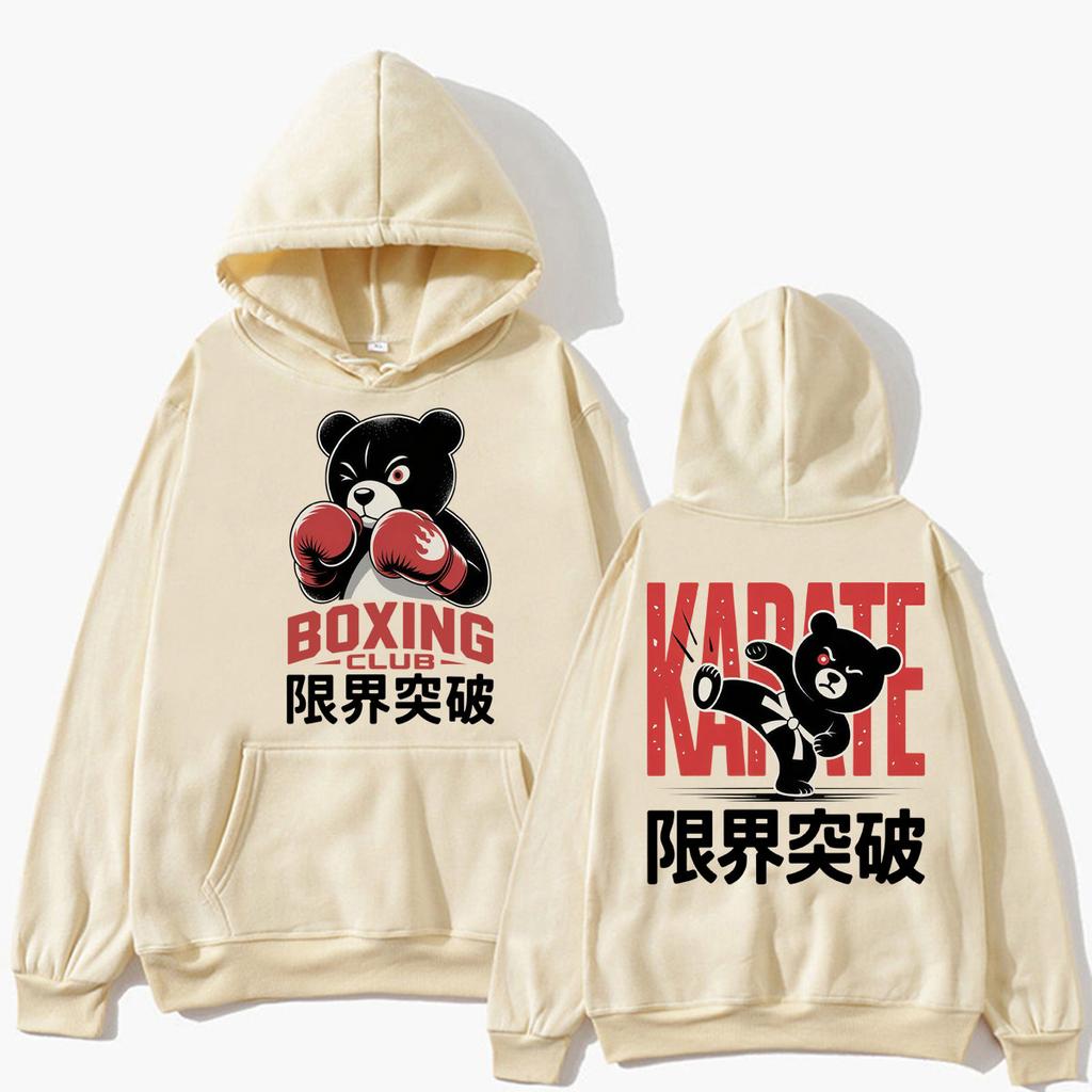 Funny Boxing Club Karate Bear Print Hoodies Men Women Fashion Vintage Kawaii Sportwear Fleece Oversized