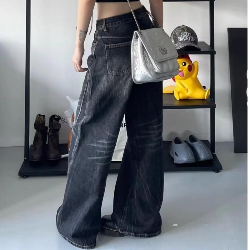 Y2k Calças Jeans Pretas Femininas Largas Vintage High Street Oversized Calças Jeans Moda Anos 2000 Gótica Gyaru