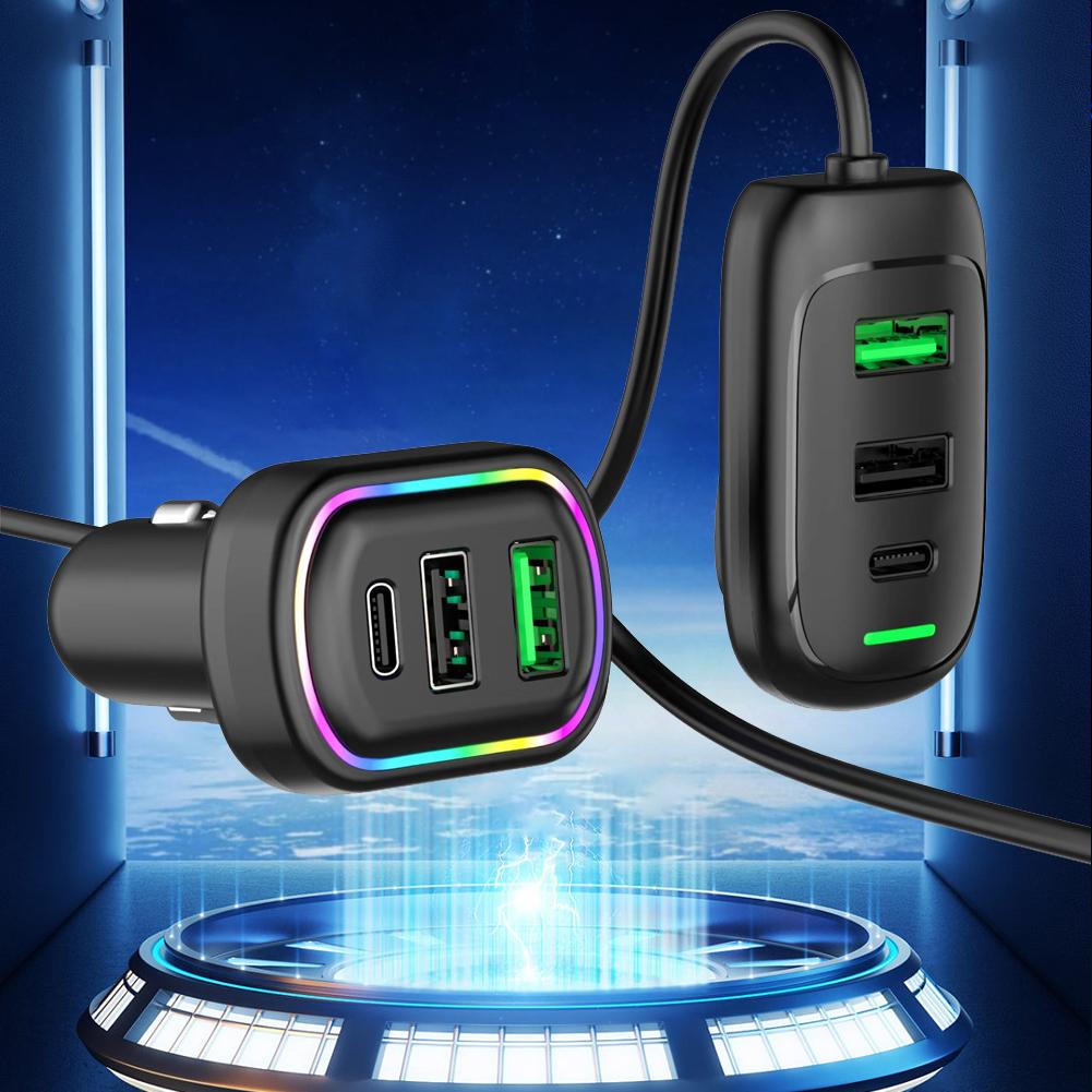 6-Ports USB Type-C Front And Rear Extension Car Charger With RGB Light PD Fast Charging Power Adapter For Phone Laptop