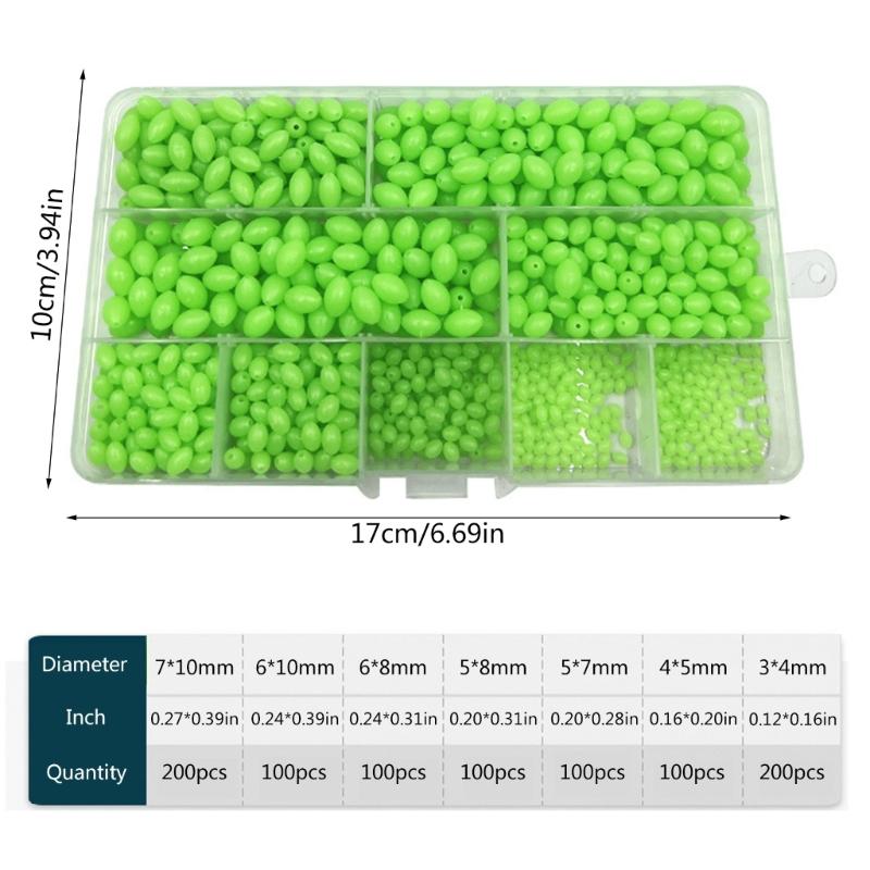 900PCS Oval Green Plastic Luminous Fishing Beads Glowing Sink Beads For Treble-Hook Fishing Rigs Fishing Lures Tackle