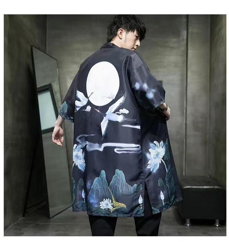Men's Summer Jacket: Medium/Long Shirt, Loose Large Size Cardigan, Sun Protection, Chinese Style Crane Robe Cape