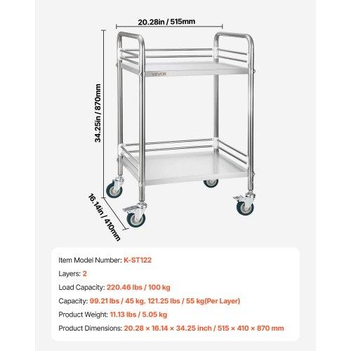 VEVOR Stainless Steel Cart, 2-Tier Rolling Lab Utility Cart with Lockable Wheels, Medical Serving Trolley Clinic Tray