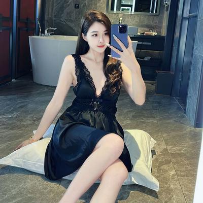 Summer New Pure Desire Temptation Ice Silk Underwear Hot Backless Sexy Low-cut Lace Nightdress Women's Deep V Waist Model