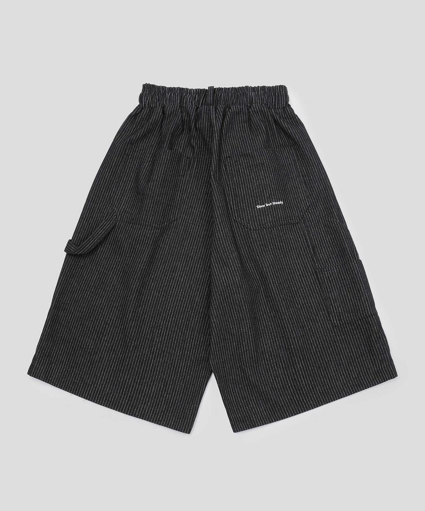 SLOW RECORD HOUSE Carpenter Bermuda Stripe Wide Denim Pants_Black