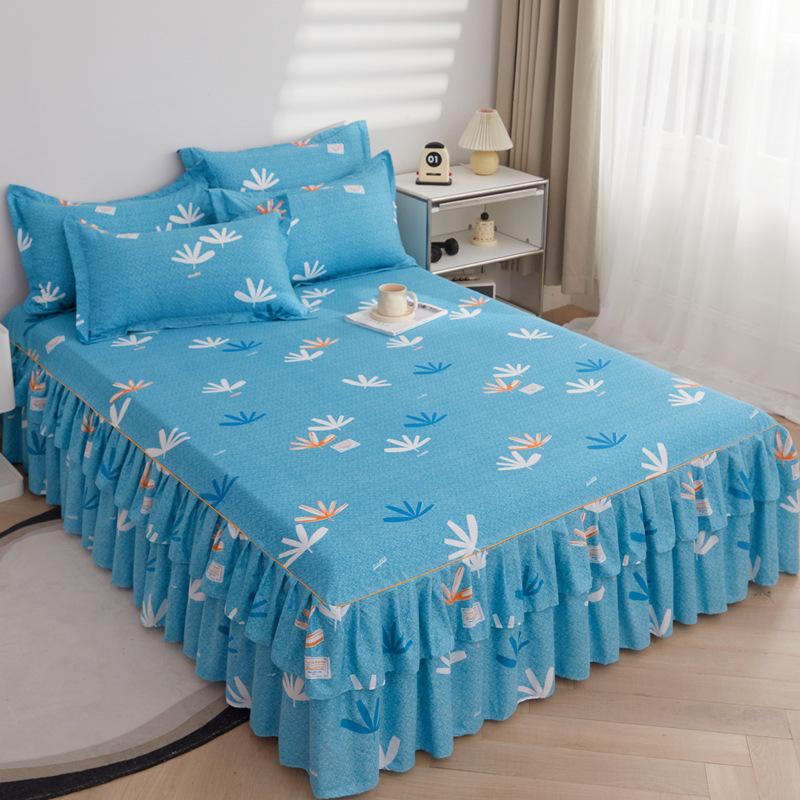 3pcs/Set Bed Skirt Non-Slip Double-layer Lotus Leaf Sheet Home Bedspread Broken Flower Bed Skirt Printed Mattress Cover