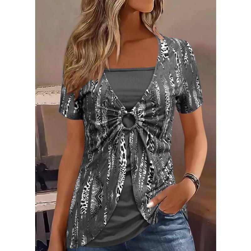 Elegant Square Neck Women's Short Sleeve T-Shirt Ethnic Leopard Print False Two-Piece Top Fashion Streetwear