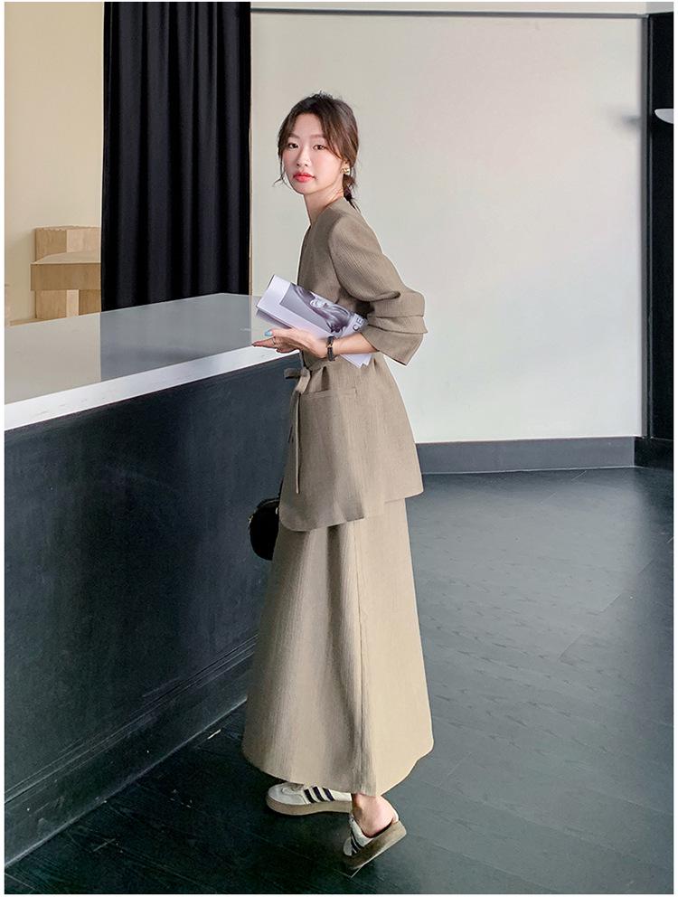 Premium V-Ausschnitt Anzug Rock & Ärmelloses Kleid Set für Damen - Sophistizierter Herbststil