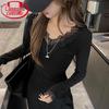 Langsha Women's V-Neck Lace Long Sleeve Slim Fit T-Shirt