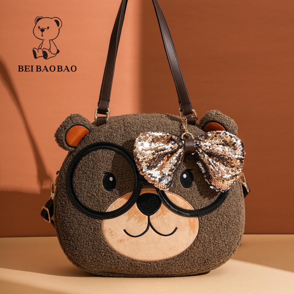 

BEIBAOBAO Зимняя новая симпатичная женская сумка через плечо с рисунком медведя в очках, модная изысканная женская сумка-тоут с подвеской в виде банта, большая вместительная дорожная сумка через плечо кофейный