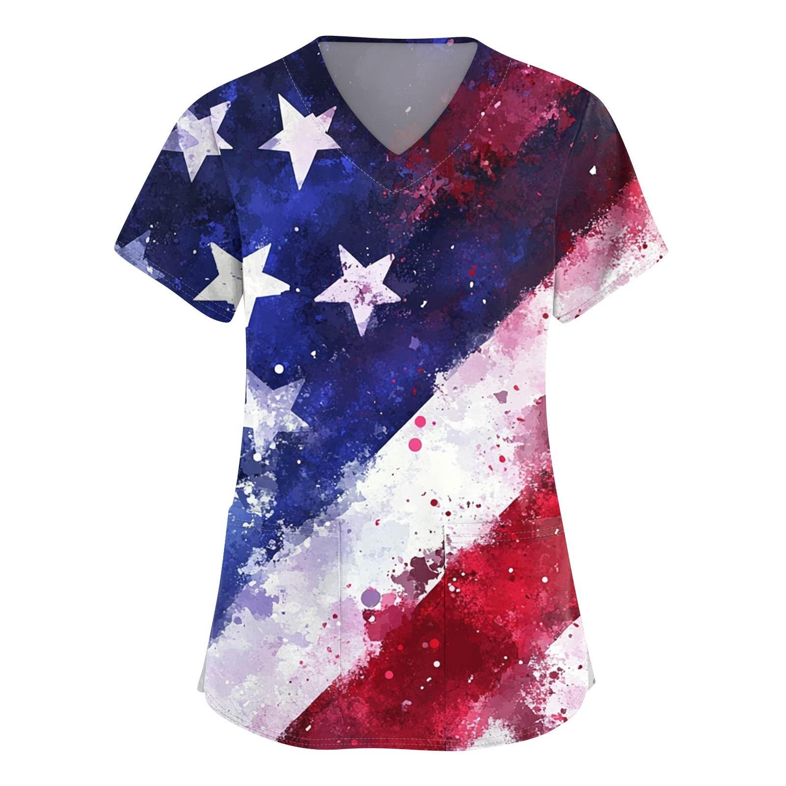 

Women s Short Sleeve Independence Day Printed V-Neck Pocket Workwear Top M