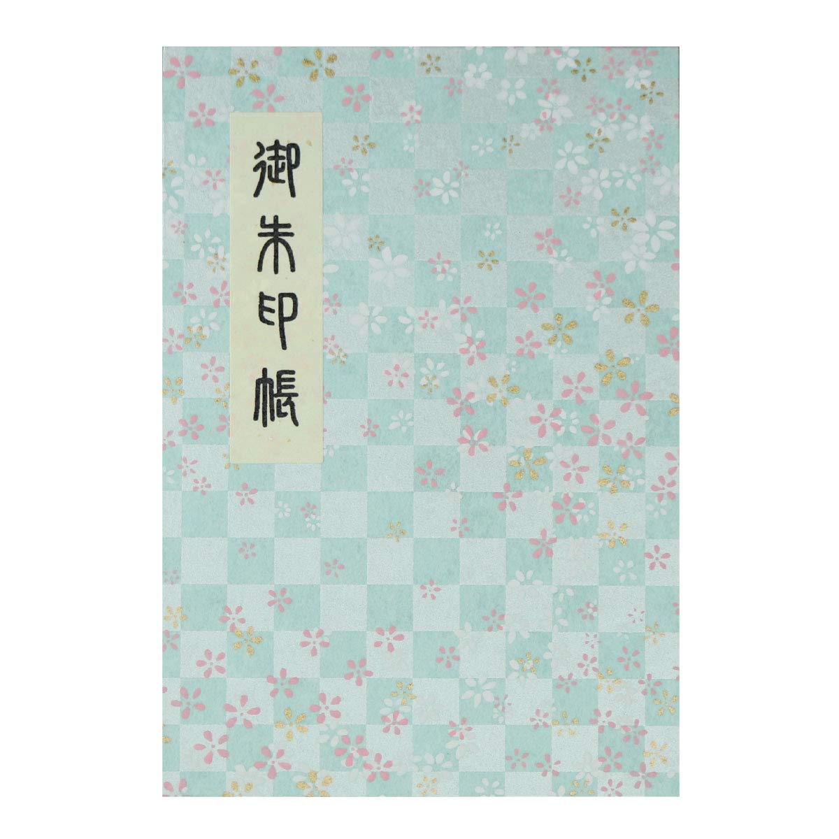 40-page Goshuincho (stamp book) with accordion-style vinyl cover and original Hotokudo bookmark, checkered small flower pattern, jade green