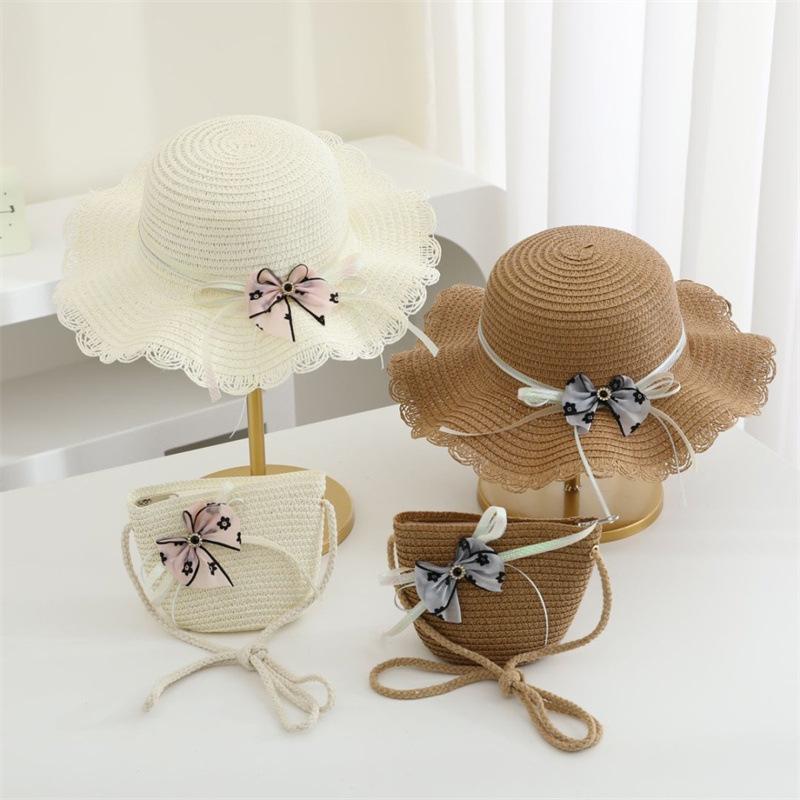 Newest holiday child girl straw hat and bag 2pcs a set floral sun hat baby beach Floppy Panama casquette gorros shoulder bags