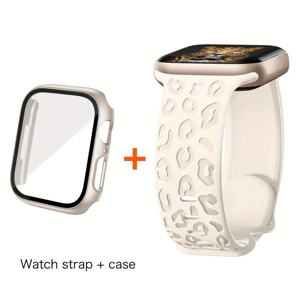 Glass+Case+Strap for Apple Watch Band 45mm 44mm 41mm 40mm Engraved Leopard belt for Apple IWatch Series 10 8 7 6 SE 5 46mm 42mm