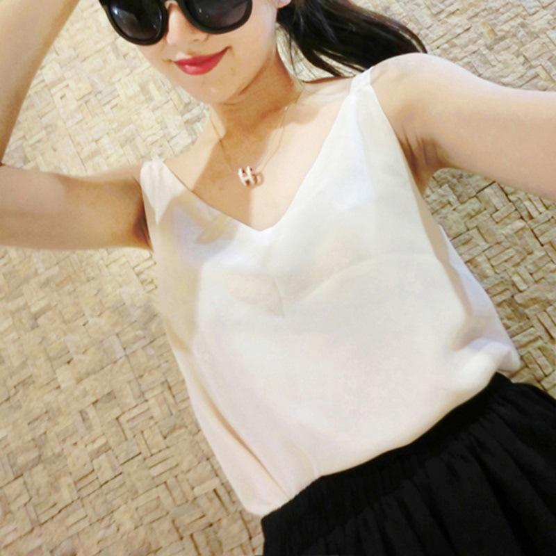 

Летний топ-халтер корейской версии с V-образным вырезом, двухслойный шифоновый свободный безрукавный низ, женская майка, наряд для девушки one size fits all белый