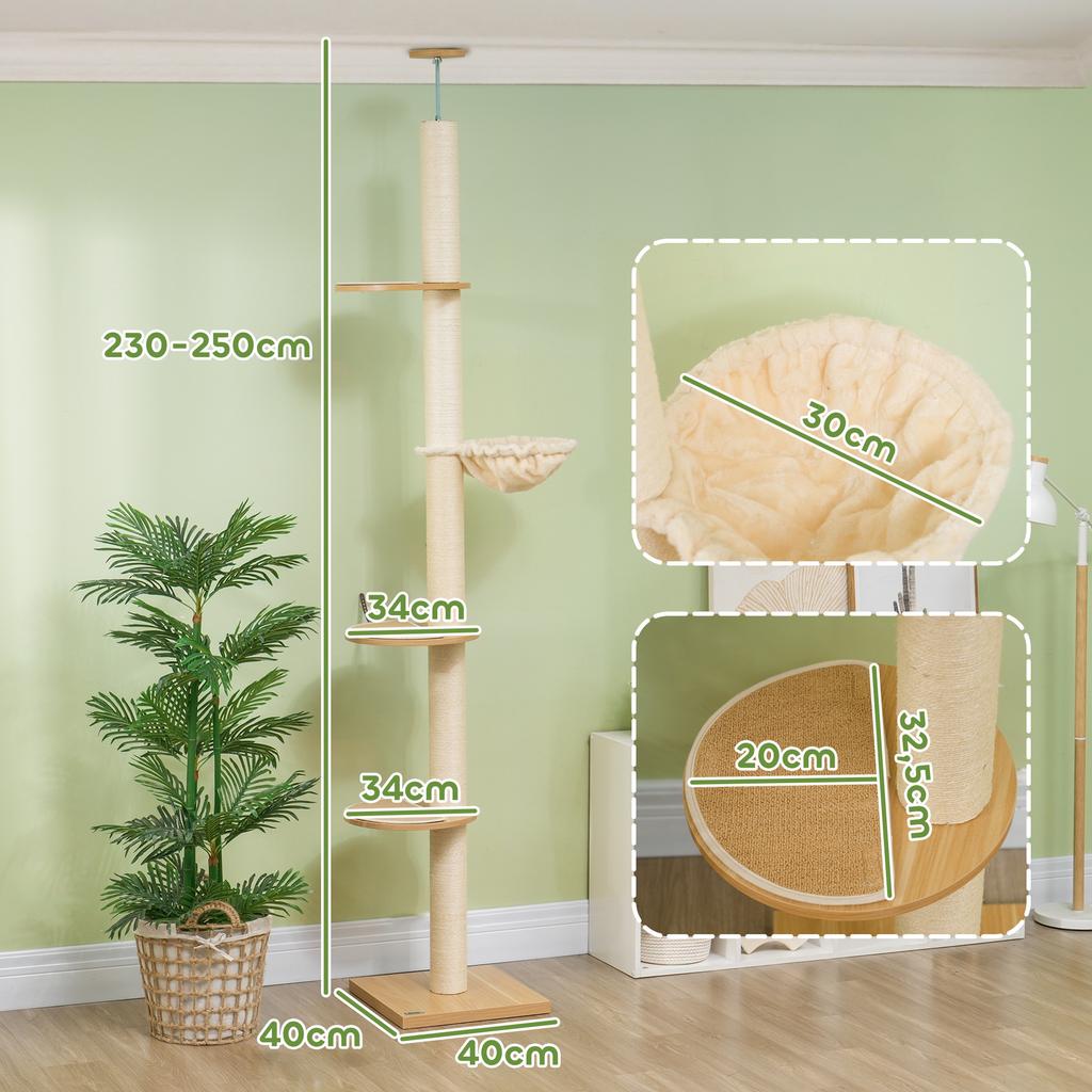 Floor To Ceiling Cat Tree Anti Tip Safety Sisal Rope Posts Engineered Wood Oak And Cream White