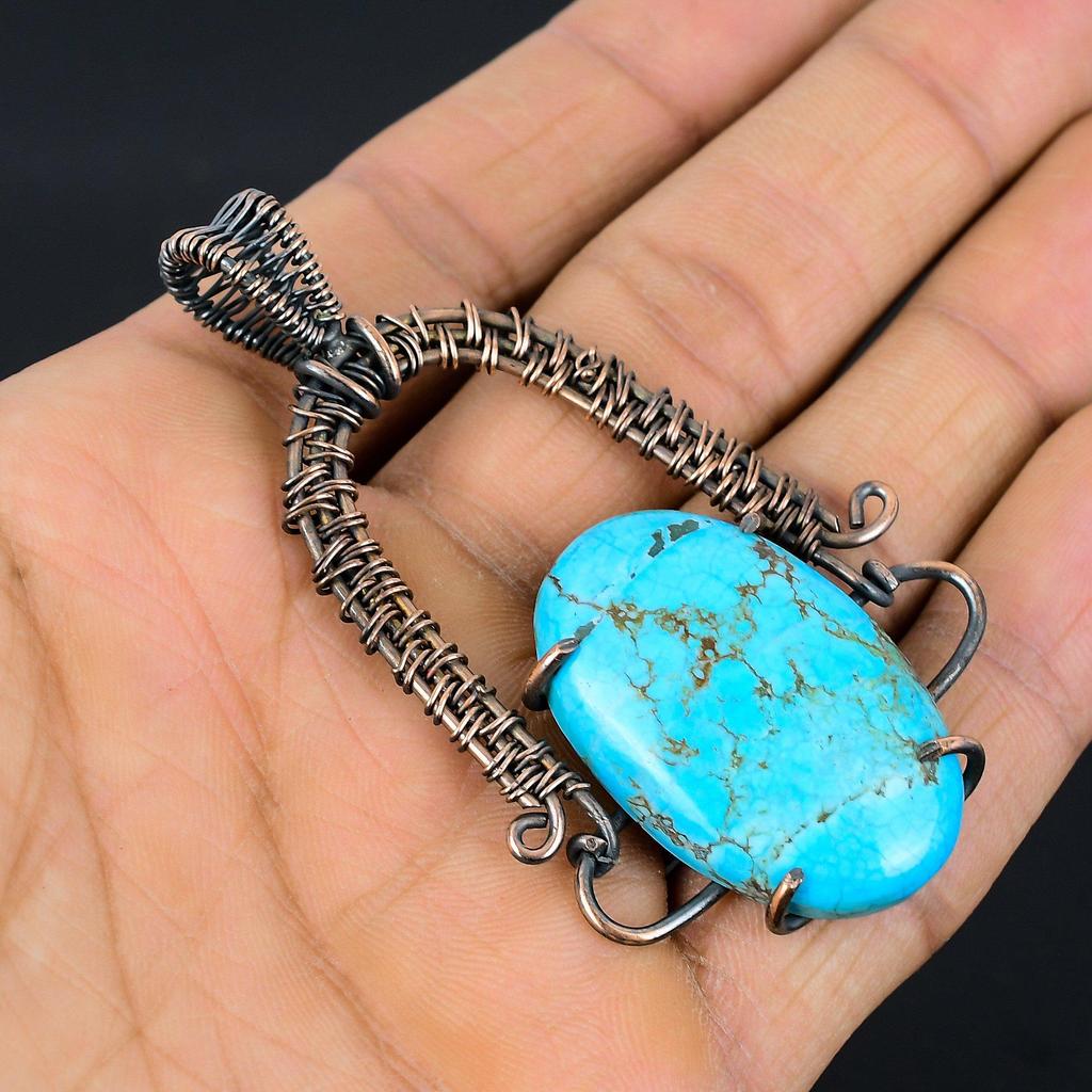 Tibetan Turquoise Pendant, 999 Copper Wire Wrapped Gemstone Jewelry, Handmade Pendant, For Thanksgiving