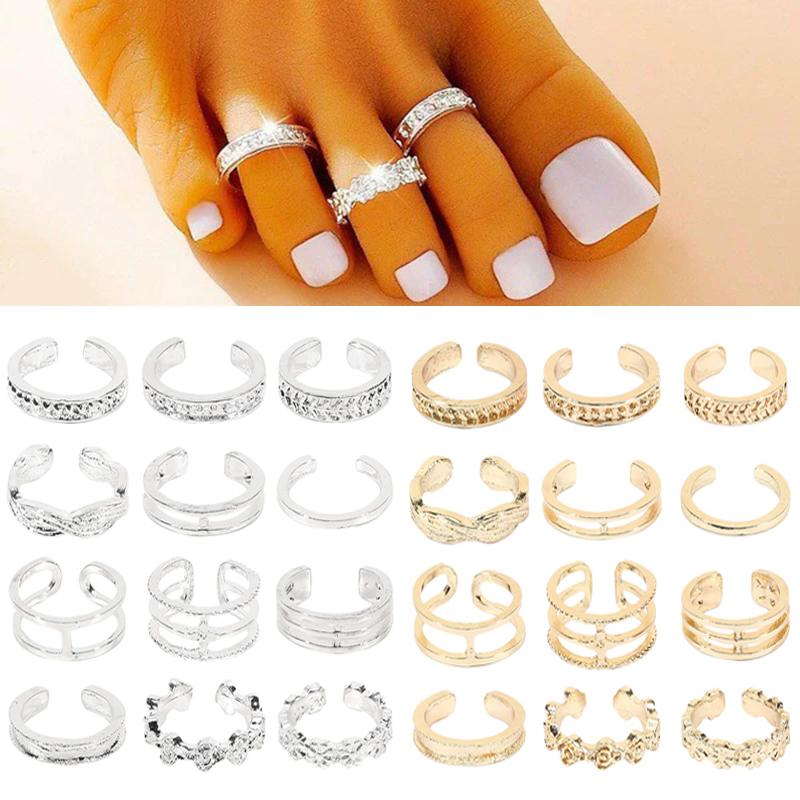 12pcs Toe Ladies Adjustable Toe Rings Summer Fashion Foot Beach Open Barefoot Finger Rings Cute Heart Feather Jewelry