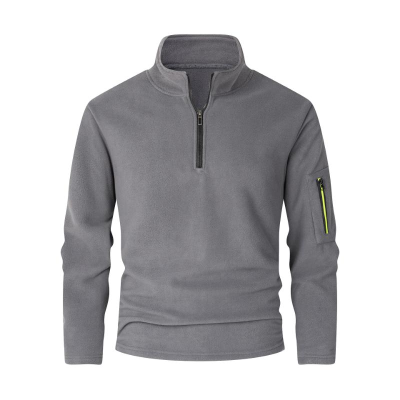 European and American Loose Solid Color Simple Sweatshirt Autumn Warm Stand Collar Zipper Thick Fleece Pullover Men's Top
