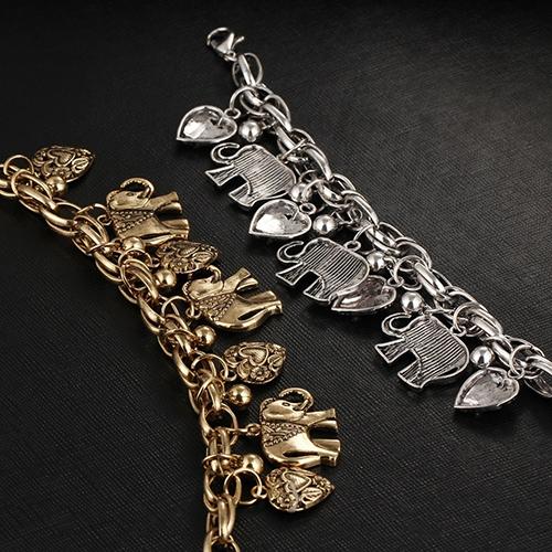 Kvinners vintage unike utskårne hjerte elefant skinnende anheng armbånd armbånd