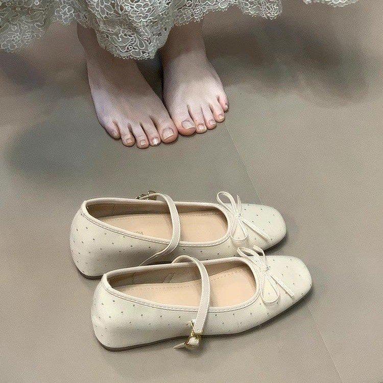 French Niche Square Head Bow Ballet Shoes Women's Autumn 2025 New Inner Height Increase Shallow Mouth One-word Strap Single Shoes