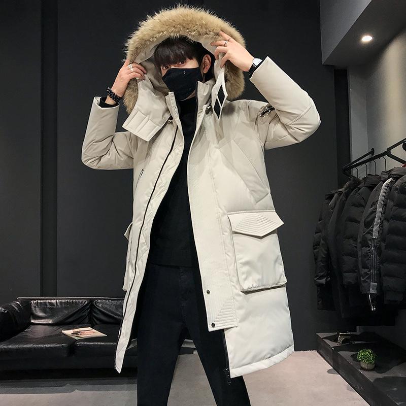 Autumn and Winter Men's Plus Size Warm Zip Section Hooded Fur Collar Padded and Thickened Over The Knee Jacket Casual Outdoor Medium Length Outerwear