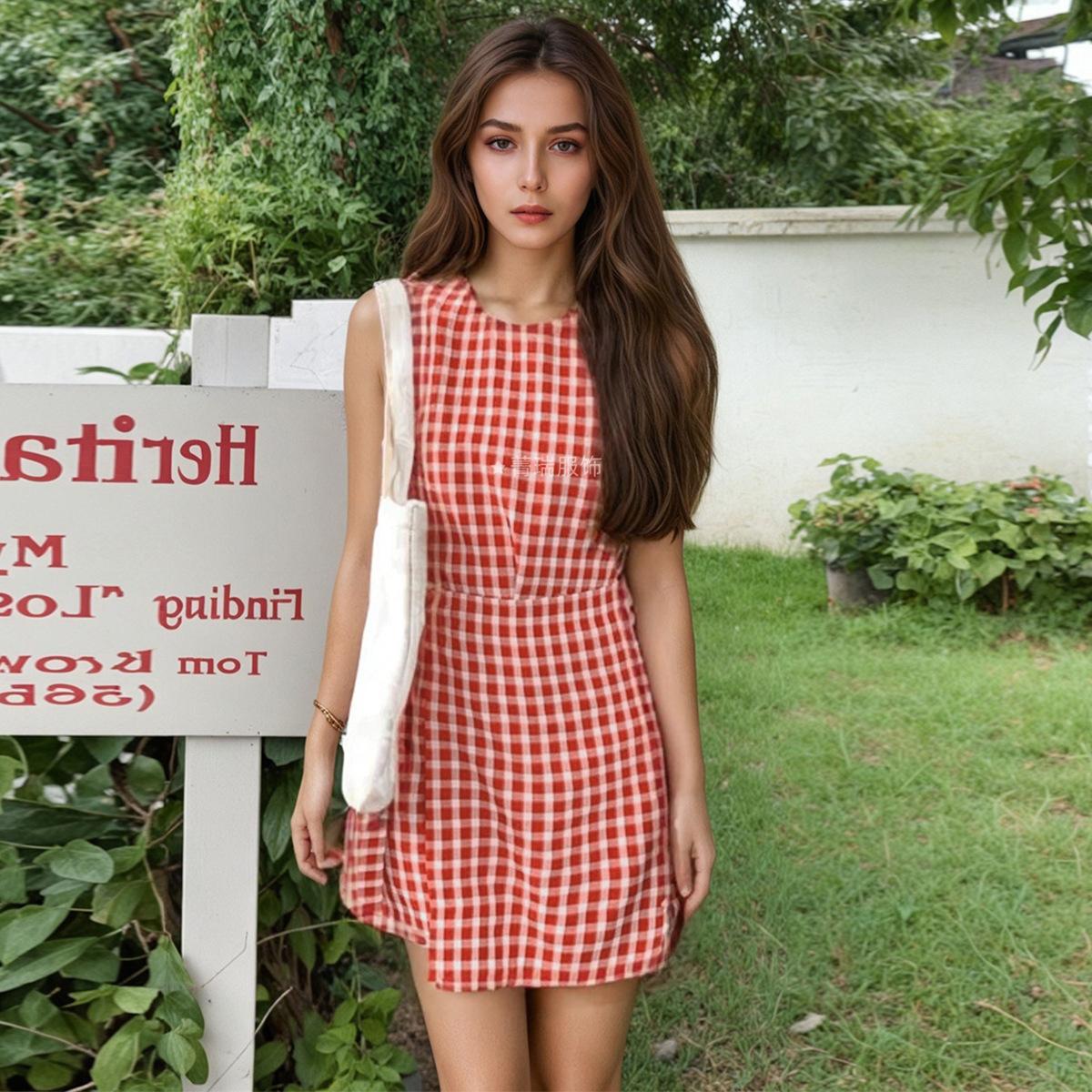 

Женское летнее повседневное клетчатое платье без рукавов с поясом на талии XL красный