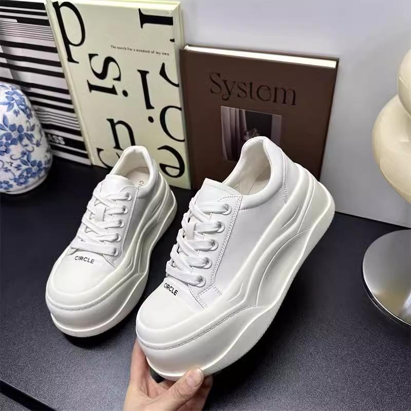 Leather Thick-soled Heightening Little White Shoes Women's Spring 2025 New Big-headed Bread Shoes Versatile Lace-up Casual Board Shoes