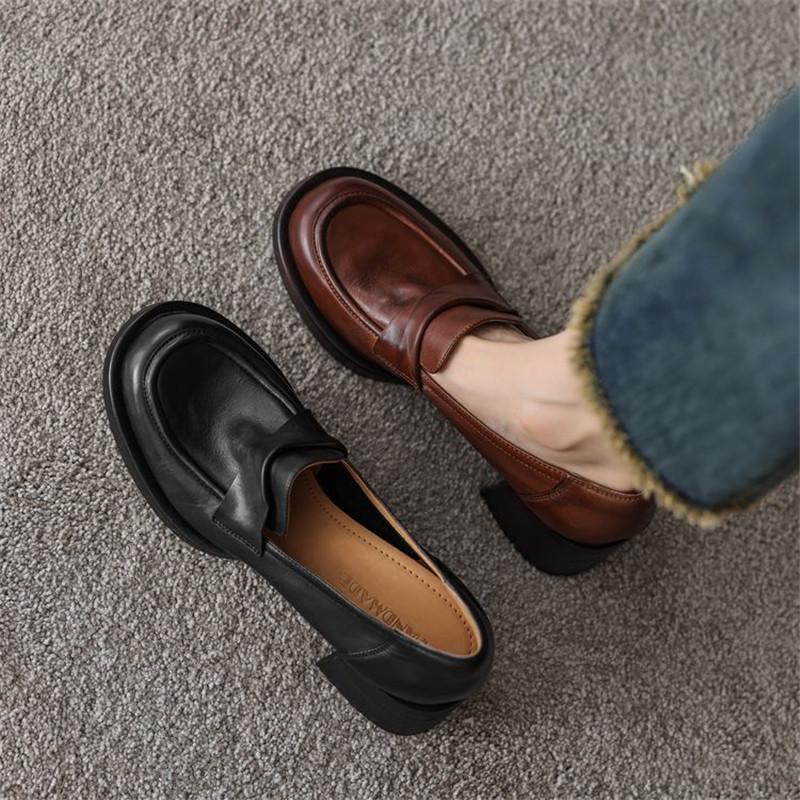Fashion New Spring Genuine Leather Woman Shoes Round Toe Women Pumps Shoes for Women High Heel Platform Loafers Chunky Heel Ladies Shoes