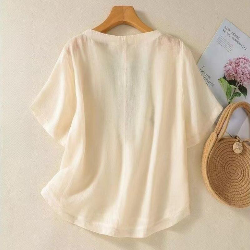 T-shirt a maniche corte in cotone e lino da donna, estiva, larga, ringiovanente, stile occidentale, piccola camicia per la madre, top di temperamento da donna