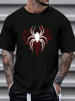 T-Shirt with Red Spider Web & Black Spider Graphic Print Round Neck Short Sleeve
