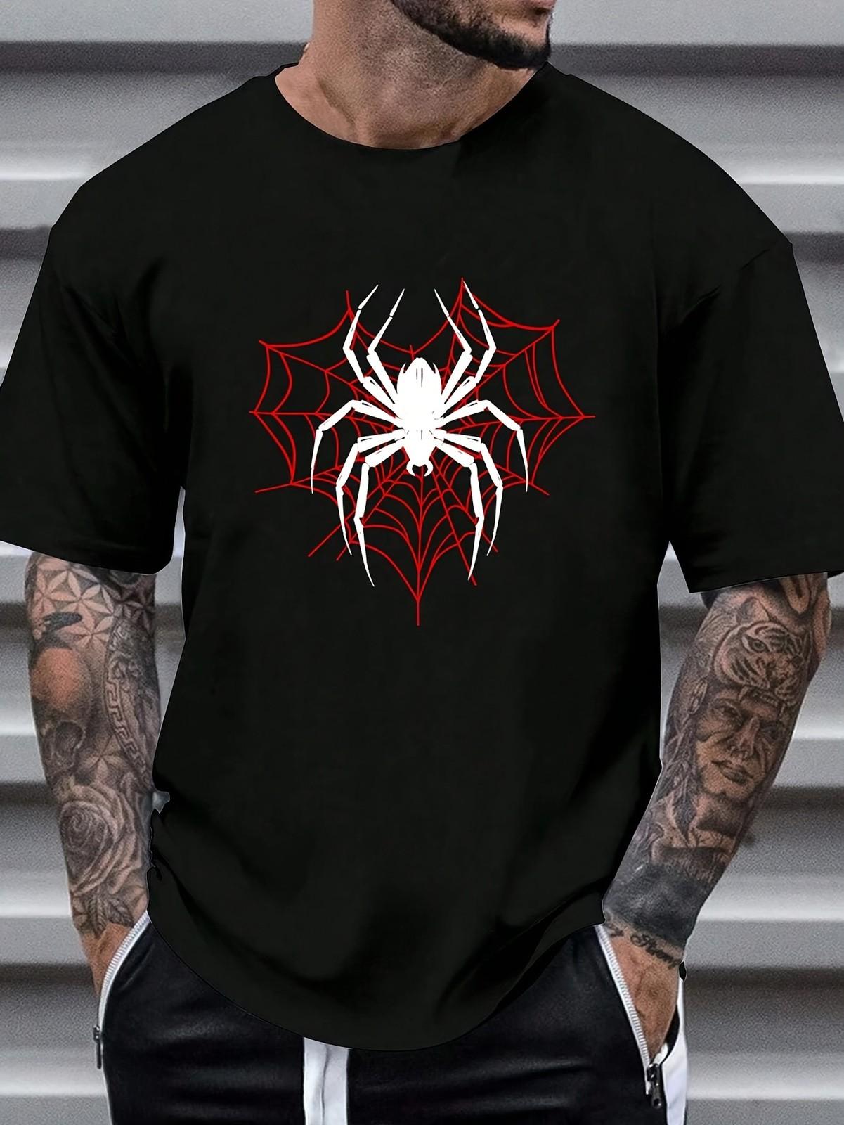 T-Shirt with Red Spider Web & Black Spider Graphic Print Round Neck Short Sleeve S разноцветный