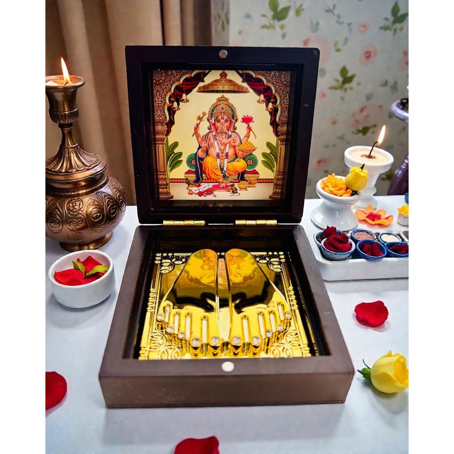 Ganesh Ji Golden Charan Paduka Foldable Mandir | Mini Puja Mandir for Home, Office & Car | Diwali & Ganesh Chaturthi Spiritual Gift