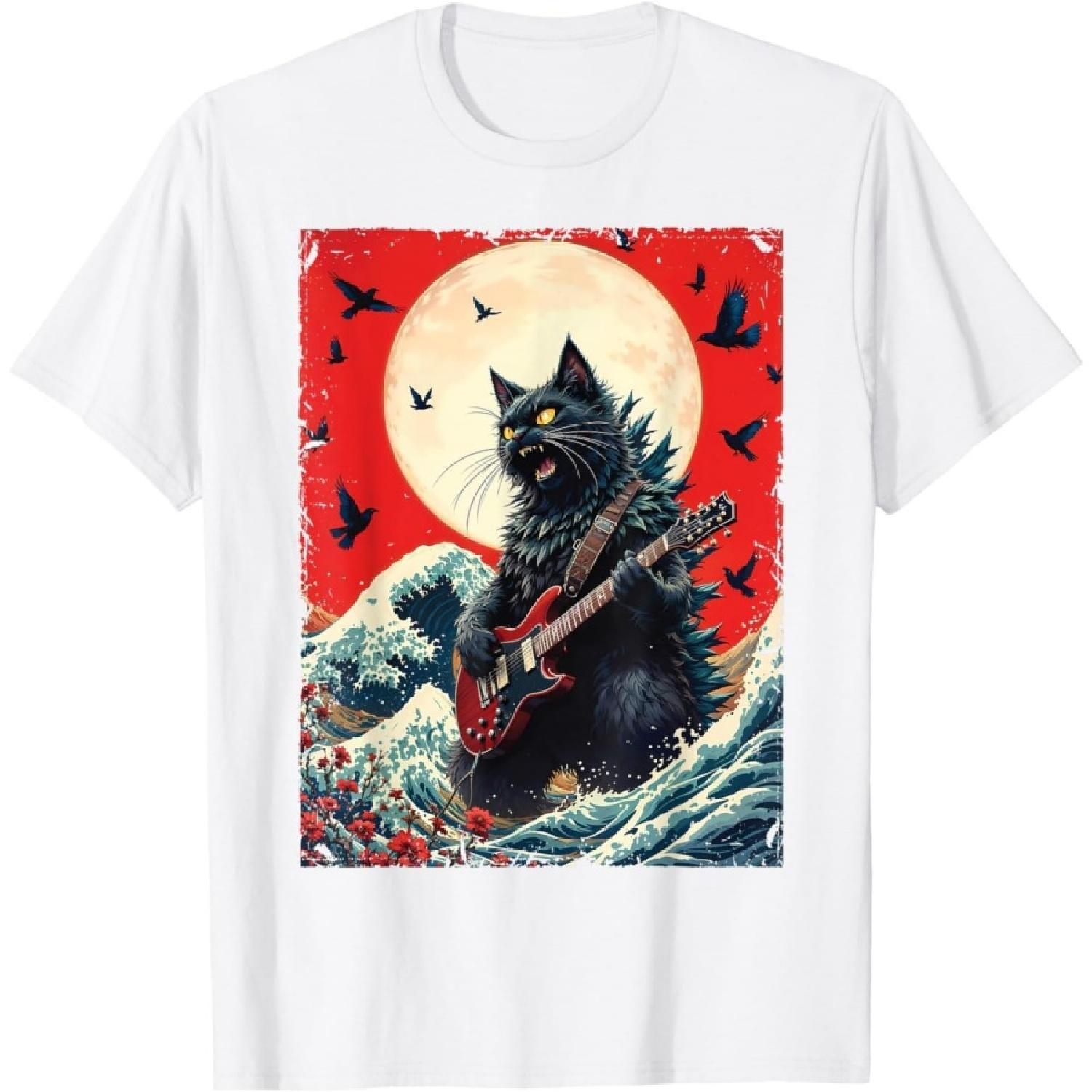 AETYOAJKLUoi Funny Anime Cat Playing Guitar Rock Cat Japanese Art T-Shirt S
